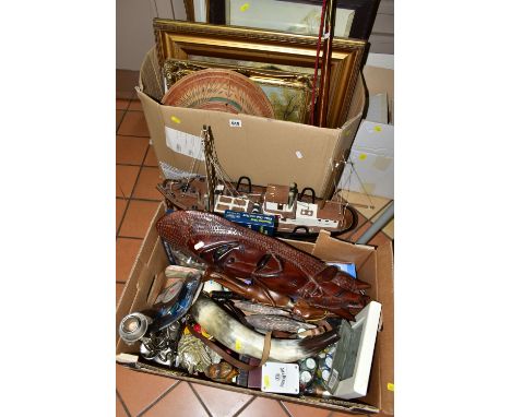 FOUR BOXES OF PICTURES, AND SUNDRIES, to include a framed 3D copper picture of elephants, approx. ten framed prints and paint