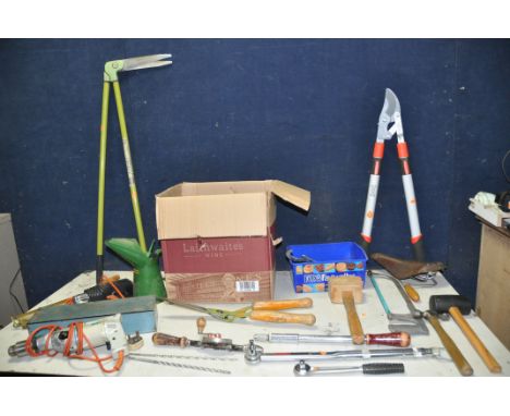 TWO BOXES OF TOOLS to include saws, hammers, garden snips/shears, Williams torque wrench, Stanley hand drill a Black and Deck