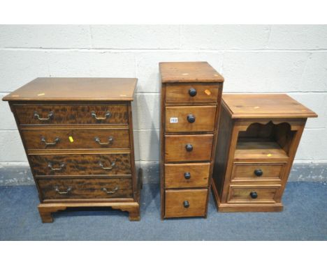 A SMALL REPRODUCTION MAHOGANY CHEST OF FOUR DRAWERS, width 53cm x depth 32cm x height 71cm, a bespoke stained pine chest of f