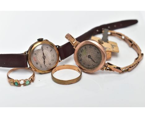 TWO WRISTWATCHES AND TWO RINGS, to include an AF ladies 9ct gold wristwatch, round discoloured dial, Arabic numerals, polishe