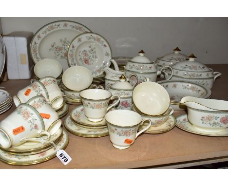 A FIFTY EIGHT PIECE MINTON JASMINE DINNER SERVICE, comprising two tureens, two vegetable dishes, a sauce boat and stand, a me