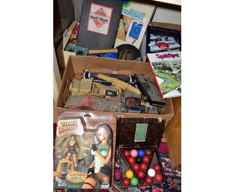 THREE BOXES AND LOOSE TOYS, GAMES, BOOKS AND SUNDRY ITEMS, to include a Tomb Raider Lara Croft Conquers the Legendary Yeti as