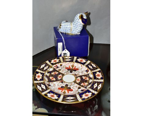 A BOXED ROYAL CROWN DERBY LAMB PAPERWEIGHT, dull gold button stopper, together with a Royal Crown Derby 2451 Imari tea plate,