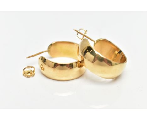 A PAIR OF MODERN 18CT GOLD EARRINGS, each designed as a plain polished solid ear hoop, with screw thread back pins for pierce