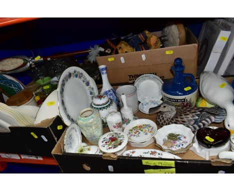 THREE BOXES OF CERAMICS GLASSWARE AND HOUSEHOLD SUNDRIES, to include Spode Elysee Y8380 trinket dish, Aynsley 'Cottage Garden