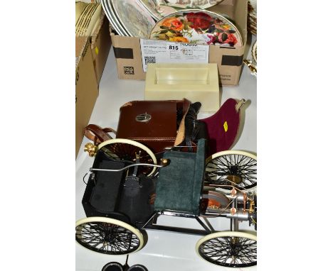 ONE BOX OF COLLECTABLE PLATES AND TWO LOOSE,  to include a Franklin Mint Precision Model of a 1896 Ford Quadricycle, length 3