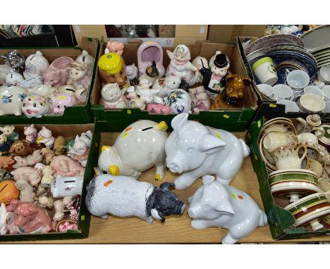THREE BOXES AND LOOSE CERAMICS , to include approximately thirty ceramic and resin piggy money boxes and figures, two large w