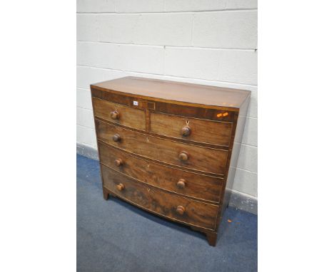 A GEORGIAN MAHOGANY AND BOX STRUNG BOWFRONT CHEST OF TWO SHORT OVER THREE LONG DRAWERS, on bracket feet, width 103cm x depth 