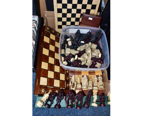 TWO BOXES OF CHESS BOARDS, SET AND PIECES, comprising a folding chess board fitted with wooden pieces, Isle of Lewis style an