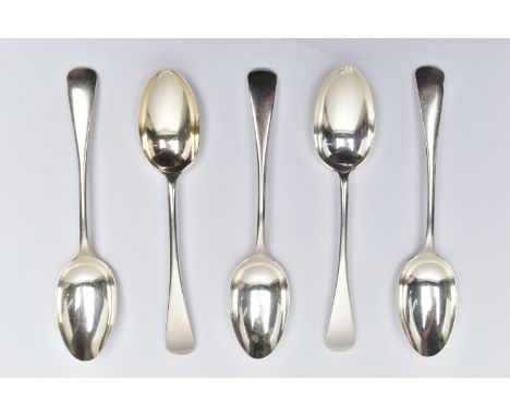 FIVE EDWARDIAN SILVER TABLESPOONS, a set of five old English pattern tablespoons, hallmarked 'Maxfield &amp; Sons' Sheffield 