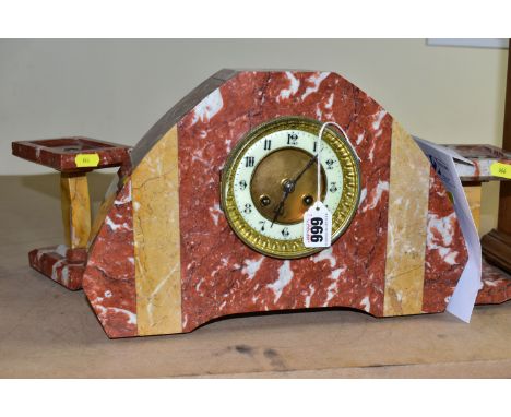 A RED MARBLE CLOCK GARNITURE WITH A URANIUM GLASS DIAL, Arabic numeral hour markers, Japy Freres bell strike movement, comes 