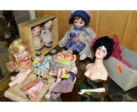 ANTIQUE AND VINTAGE DOLLS AND DOLL PARTS, to include a Amand Marseille 370 head, having sleeping eyes, open mouth showing fou