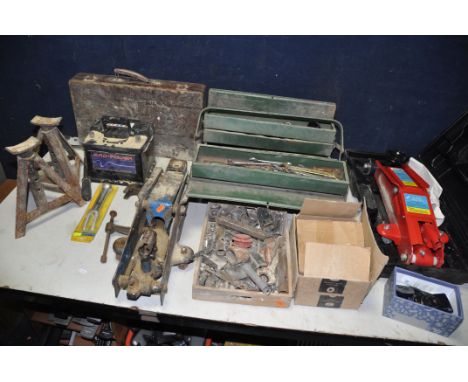 A SELECTION OF AUTOMOTIVE TOOLS AND ACCESSORIES to include two trolley jacks a Hilka two tonne hydraulic trolley jack and ano