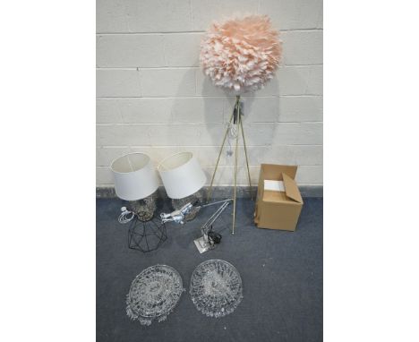 A SELECTION OF LIGHTING, to include a pair of metal table lamps with shades, a J hunt home standard lamp with a pink feather 