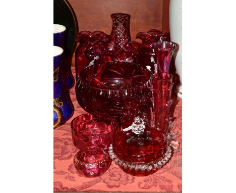 A GROUP OF CRANBERRY GLASS INCLUDING A PAIR OF MARY GREGORY STYLE VASES, with wavy rims, depicting a boy and girl in a rural 