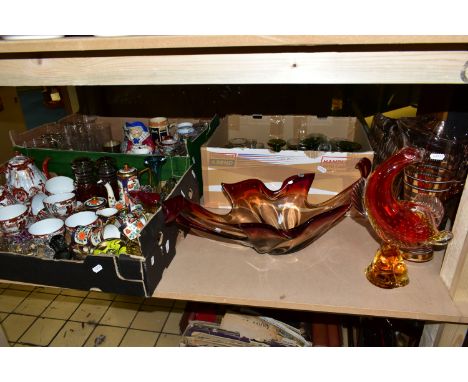 THREE BOXES OF CERAMICS, GLASSWARE AND SUNDRIES,  to include, a Murano art glass fish clear, tangerine and red, height 32cm (