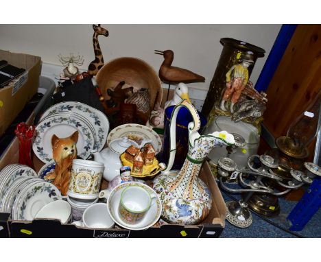 TWO BOXES AND LOOSE CERAMICS, GLASSWARES AND SUNDRY ITEMS, to include a 1930s chalk figure of a young boy and geese including