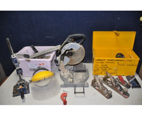 A KINZO 8E329 MITRE SAW with blade (PAT pass and working) and two tubs of tools to include screwdrivers, spanners, hand rivet