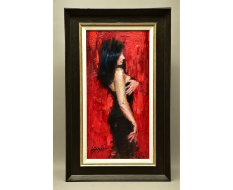 HENRY ASENCIO (AMERICA 1971) 'ENDLESS NOCTURNE', a three quarter length portrait of a female figure wearing a black dress, si