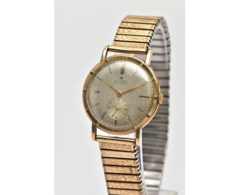 A MID 20TH CENTURY ROLEX PRECISION HAND WOUND WRISTWATCH, worn silvered dial with baton markers and a double baton marker to 