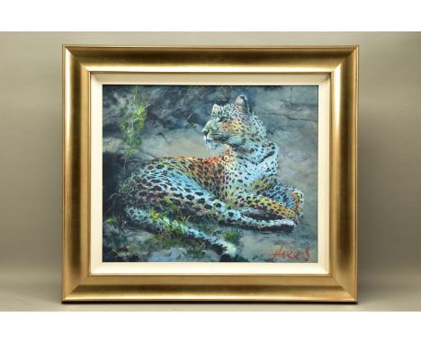 ROLF HARRIS (AUSTRALIA 1930) 'LEOPARD RECLINING AT DUSK' limited edition print on canvas 129/195, signed with certificate, ap
