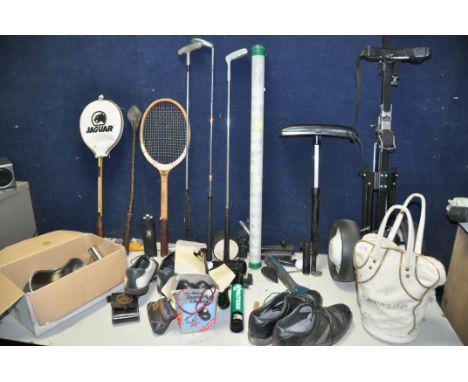 A SELECTION OF GOLF AND OTHER ITEMS to include a Golf king caddy, two pair of golf shoes (size 10), collection of golf balls,