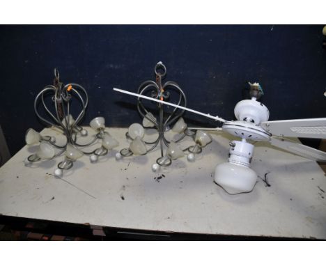 TWO METAL CHANDELLIER with glass bell shaped wax inserts along with a unbranded ceiling fan and light model NoKB42TWH-SH (UNT