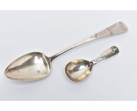 A GEORGE III SILVER SERVING SPOON AND AN EARLY VICTORIAN SILVER CADDY SPOON, the serving spoon hallmarked 'George Wintle' Lon