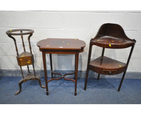 AN EDWARDIAN MAHOGANY AND INLAID CENTRE TABLE, on square tapered legs, united by a shaped cross stretcher, width 61cm x depth