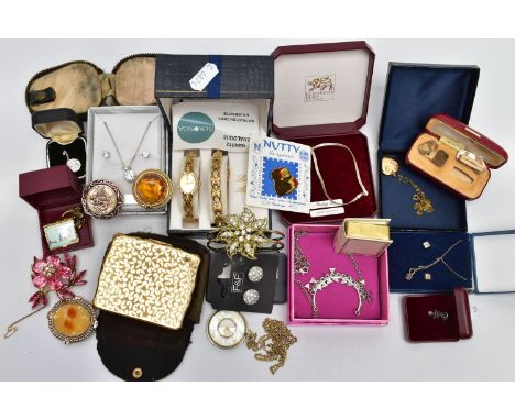 A BOX OF ASSORTED COSTUME JEWELLERY AND ITEMS, to include a boxed pair of 9ct on silver cufflinks, each with two rectangular 