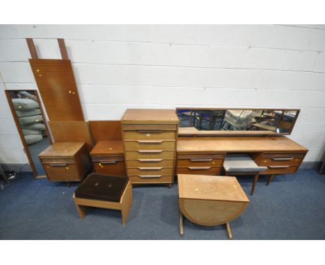 A MID CENTURY WHITE AND NEWTON TEAK BEDROOM SUITE, comprising a dressing table with a rectangular mirror, with three drawers,