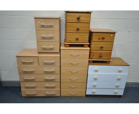 A SELECTION OF VARIOUS CHESTS, to include a beech effect chest of two short over four long drawers, a matching three drawer b
