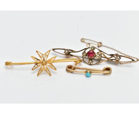 THREE BROOCHES, the first a wire bar brooch with central filigree Maltese star, with foreign assay marks, stamped '18c', appr