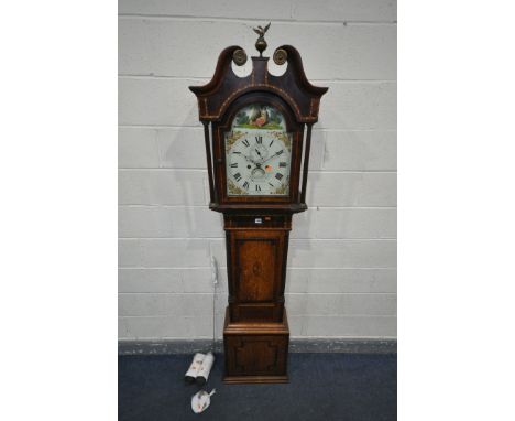 A GEORGE III OAK, CROSSBANDED MARQUETRY INLAID EIGHT DAY LONGCASE CLOCK, signed William Morris of Walsall, the swan neck pedi