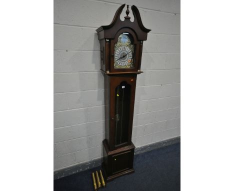 A LATE 20TH CENTURY WESTMINSTER GERMANY LONGCASE CLOCK, height 213cm with three weights and pendulum (condition:-case in good