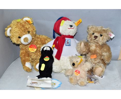 FIVE STEIFF BEARS,  to include a musical polar bear from the 'Baby series' working with all original labels still attached, h