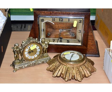 THREE CLOCKS, comprising an oak cased mantel clock ' P.D. Hogg' ( one key, one winder, no pendulum), height 35cm x width 21cm