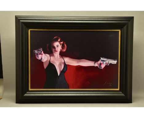 VINCENT KAMP (BRITISH CONTEMPORARY) 'CANDY CLEANS UP' a signed limited edition print of a female holding two 9mm pistols, 52/