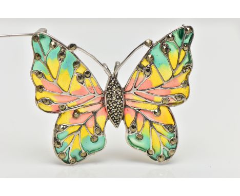 A PLIQUE A JOUR AND MARCASTITE BUTTERFLY BROOCH, the butterfly with marcasite set body and antennaes, to the pink, yellow and