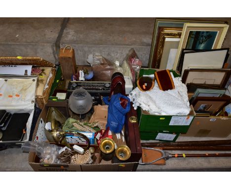 FIVE BOXES OF SUNDRIES AND LOOSE, to include paintings and prints, book ends, a shooting stick, two billiard cues cum walking