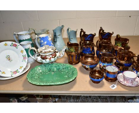 A GROUP OF NINETEENTH CENTURY CERAMICS, to include a Sunderland lustreware style Staffordshire teacup and saucer, a collectio
