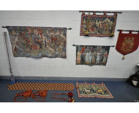 A SELECTION OF WALL HANGING TAPESTRIES, of various sizes, all medieval related scenes, four with gothic hanging poles, larges