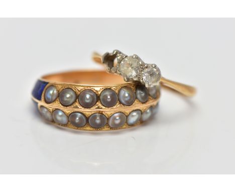 A SPLIT PEARL AND ENAMEL RING WITH ONE OTHER, the first an AF yellow metal ring, set with two rows of split pearls, to the bl