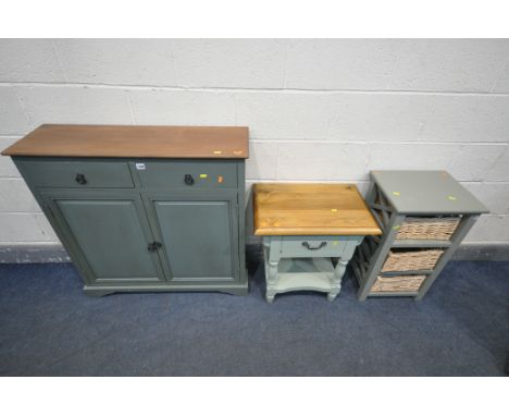 A GREEN PAINTED SLIM SIDEBOARD, with two drawers over two cupboard doors, width 91cm x depth 29cm x height 92cm, a mint green