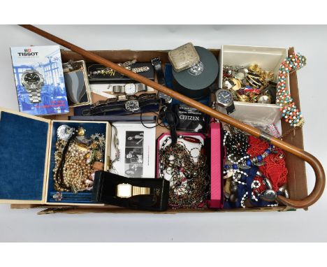 A BOX OF ASSORTED ITEMS, to include a pair 9ct &amp; silver engine turned pattern cufflinks, an enamel white metal maple leaf