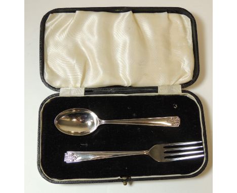 A Victorian cased silver christening set, spoon and fork, 1878/1879 maker CB&S (Cooper Bros and Sons) total weight 1.2oz