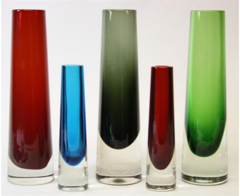 Five Whitefriars 9655 tapering vases by Geoffrey Baxter.  Three measure 24cm high in Meadow Green, Ruby red and pewter.  Two 
