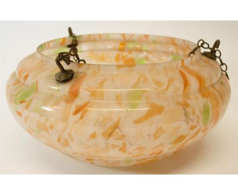 An Art Deco glass ceiling light, with a green and orange marble-effect pattern.  30 cm diameter.