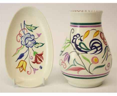 Two Poole Pottery mid-20th Century pieces:  Comprising of an LE pattern vase designed by Gwen Haskins, 15 cm high, and a BN p