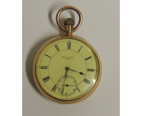 A gents open-faced, 18ct gold cased pocket watch (replaced 9ct gold suspension loop).  The white enamelled dial marked "E.F. 